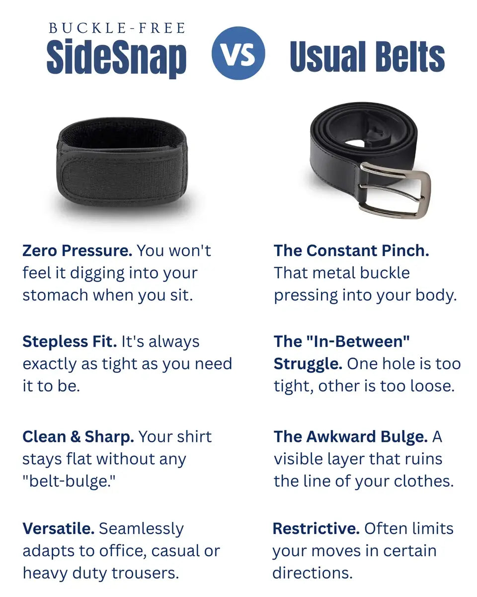 SideSnap vs Usual Belts. Zero pressure, stepless git, clean & sharp looks, versatile usage.