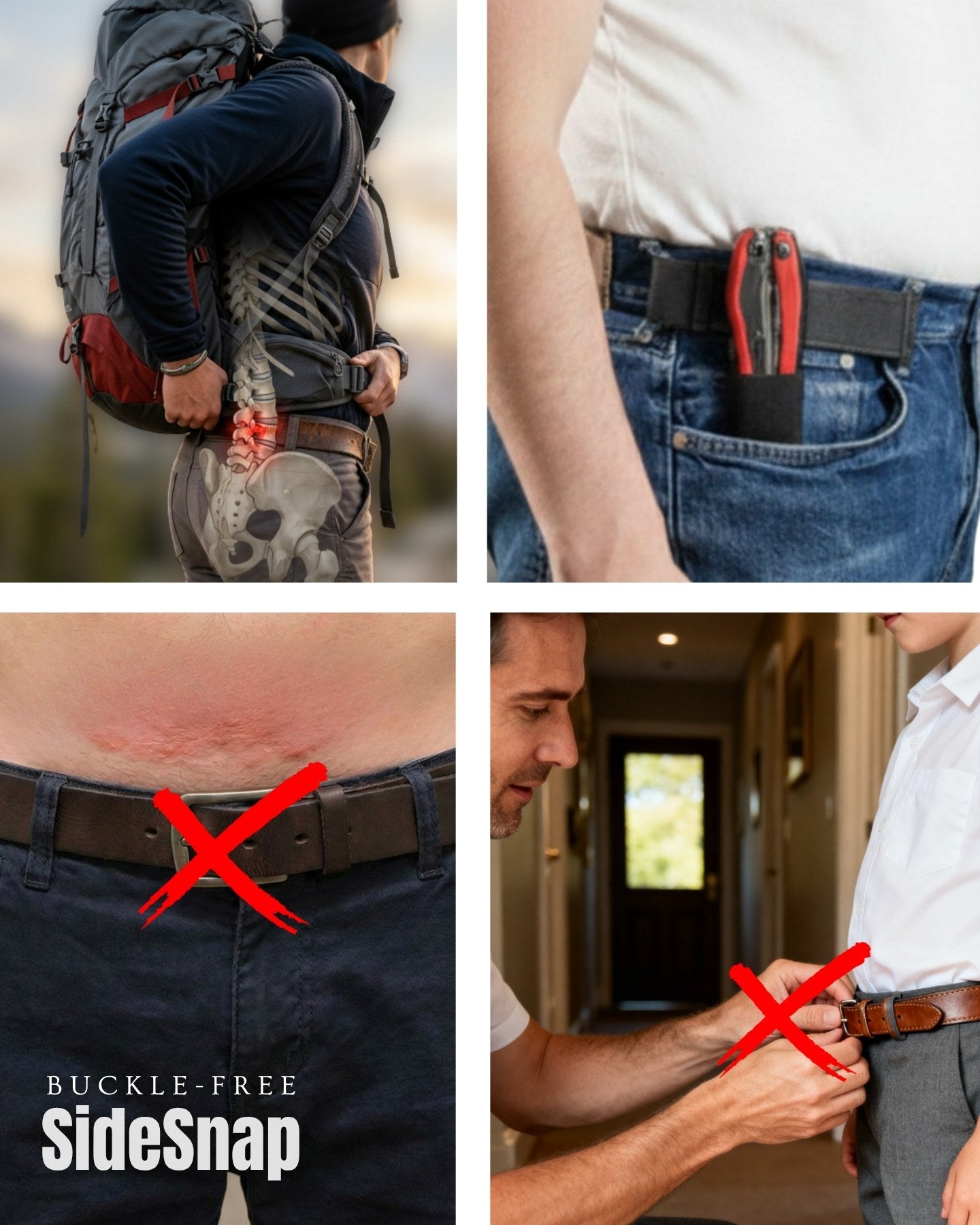 Collage of images showing the problems that sidesnap solves. Back-pack pressure, skin irritations or rashes, independent dressing, adaptability to work like holding clip tools. 
