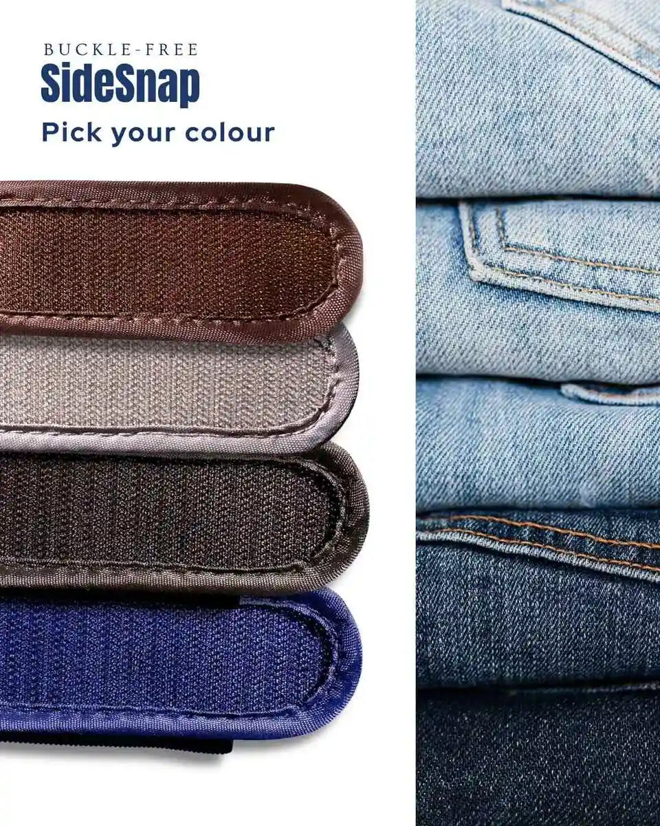 SideSnap buckle-free velcro fastener options shown in a split layout, with folded denim jeans on the right demonstrating use and a stack of fastener strips on the left showing available colors including brown, black, grey, and blue.